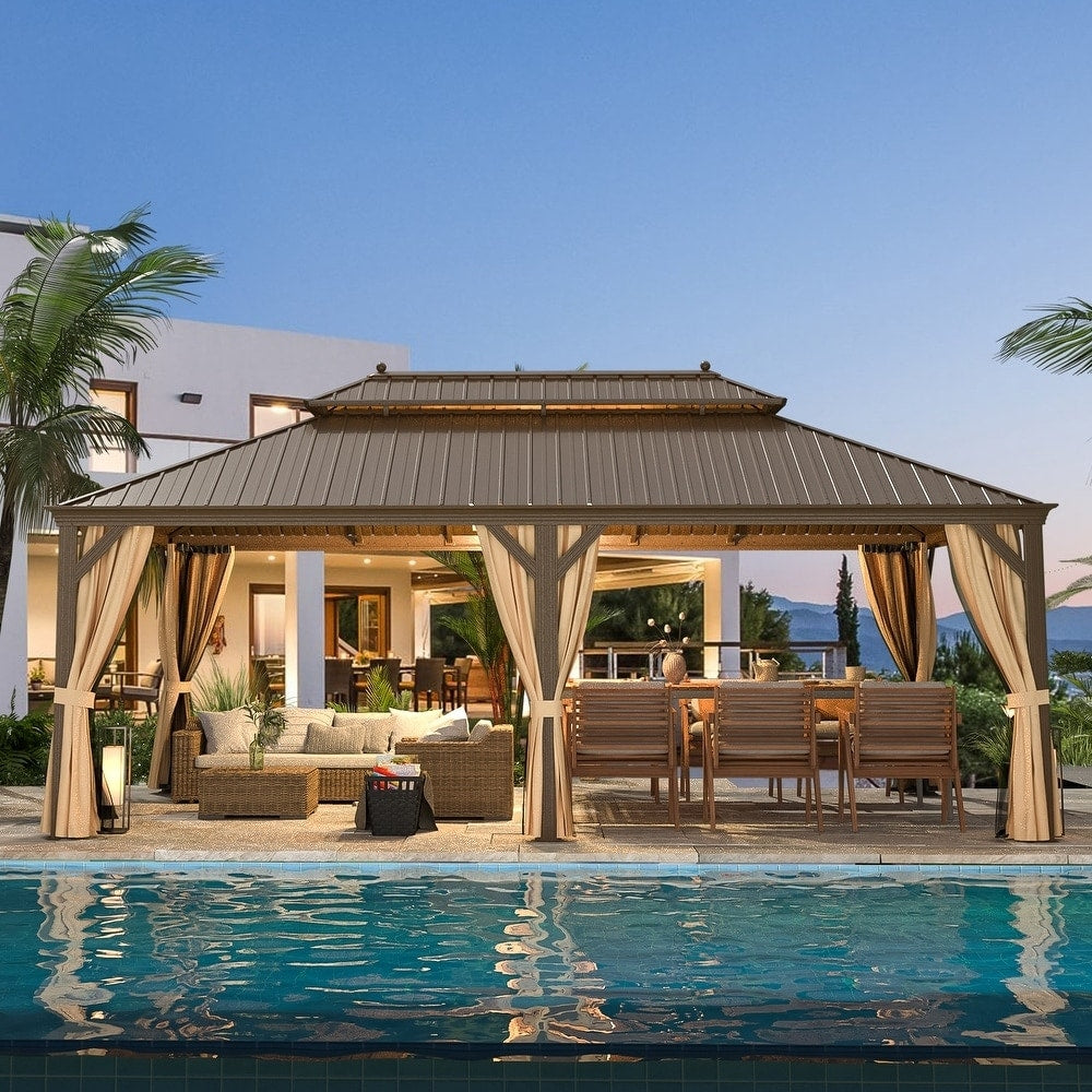 Tonnelle d'extérieur à toit rigide avec double toit en acier galvanisé et cadre en aluminium, pergola extérieure avec rideaux et filets haut de gamme