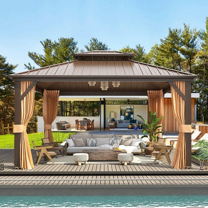 Tonnelle d'extérieur à toit rigide avec double toit en acier galvanisé et cadre en aluminium, pergola extérieure avec rideaux et filets haut de gamme