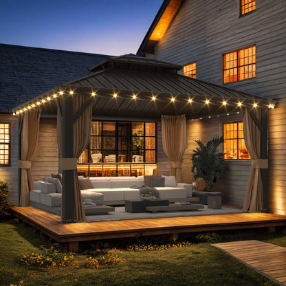 Tonnelle d'extérieur à toit rigide avec double toit en acier galvanisé et cadre en aluminium, pergola extérieure avec rideaux et filets haut de gamme