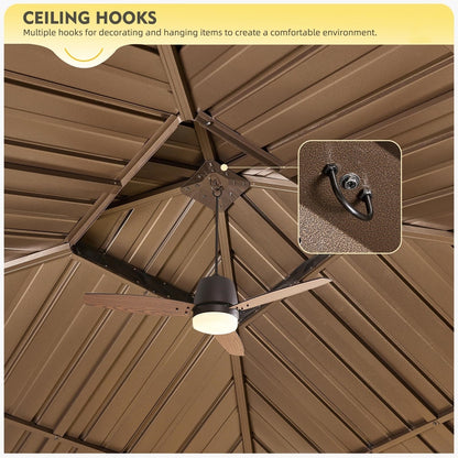 Tonnelle d'extérieur à toit rigide avec double toit en acier galvanisé et cadre en aluminium, pergola extérieure avec rideaux et filets haut de gamme