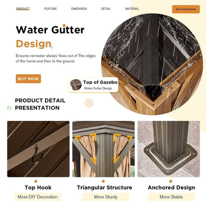 Tonnelle d'extérieur à toit rigide avec double toit en acier galvanisé et cadre en aluminium, pergola extérieure avec rideaux et filets haut de gamme