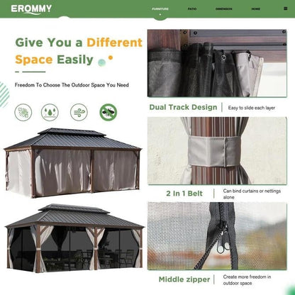 Tonnelle d'extérieur à toit rigide avec double toit en acier galvanisé et cadre en aluminium, pergola extérieure avec rideaux et filets haut de gamme