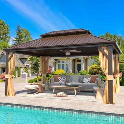 Tonnelle d'extérieur à toit rigide avec double toit en acier galvanisé et cadre en aluminium, pergola extérieure avec rideaux et filets haut de gamme