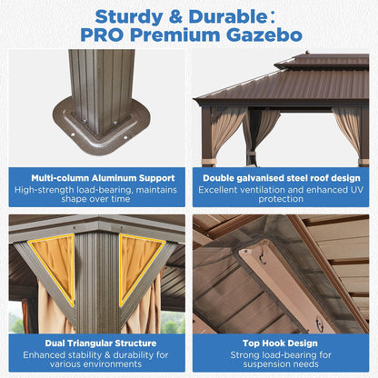 Tonnelle d'extérieur à toit rigide avec double toit en acier galvanisé et cadre en aluminium, pergola extérieure avec rideaux et filets haut de gamme