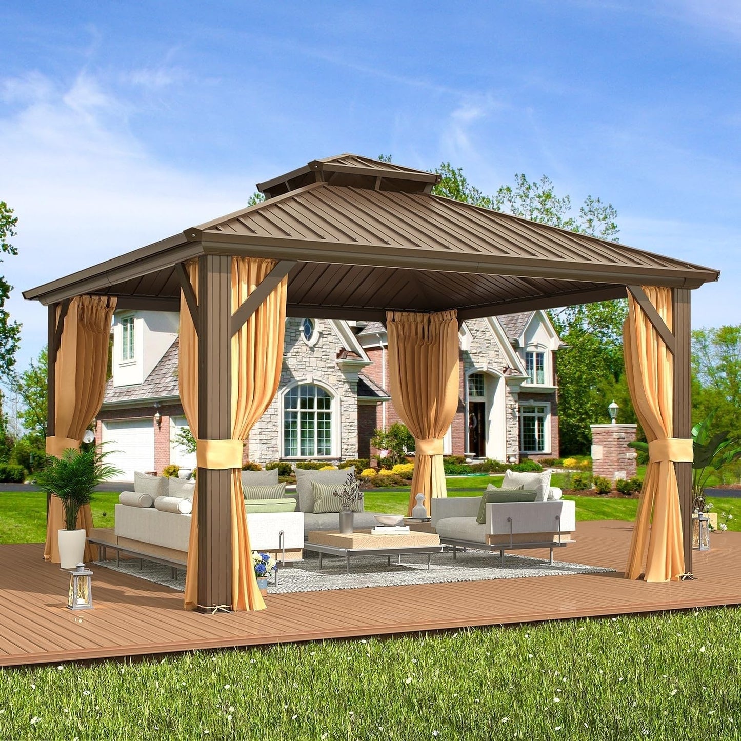 Tonnelle d'extérieur à toit rigide avec double toit en acier galvanisé et cadre en aluminium, pergola extérieure avec rideaux et filets haut de gamme