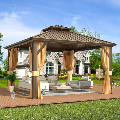 Tonnelle d'extérieur à toit rigide avec double toit en acier galvanisé et cadre en aluminium, pergola extérieure avec rideaux et filets haut de gamme