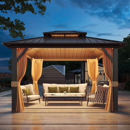 Tonnelle d'extérieur à toit rigide avec double toit en acier galvanisé et cadre en aluminium, pergola extérieure avec rideaux et filets haut de gamme