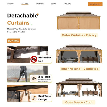 Tonnelle d'extérieur à toit rigide avec double toit en acier galvanisé et cadre en aluminium, pergola extérieure avec rideaux et filets haut de gamme