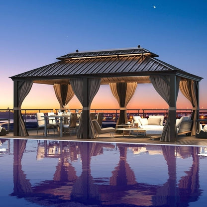 Tonnelle d'extérieur à toit rigide avec double toit en acier galvanisé et cadre en aluminium, pergola extérieure avec rideaux et filets haut de gamme