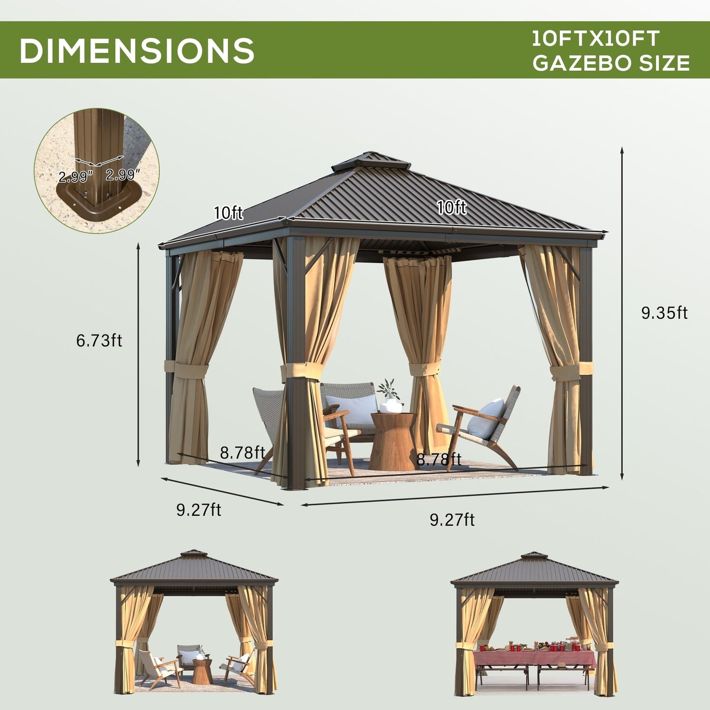 Tonnelle d'extérieur à toit rigide avec double toit en acier galvanisé et cadre en aluminium, pergola extérieure avec rideaux et filets haut de gamme