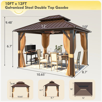 Tonnelle d'extérieur à toit rigide avec double toit en acier galvanisé et cadre en aluminium, pergola extérieure avec rideaux et filets haut de gamme