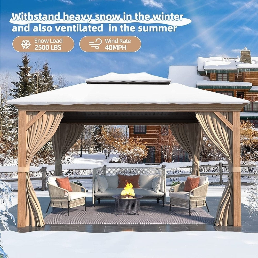 Tonnelle d'extérieur à toit rigide avec double toit en acier galvanisé et cadre en aluminium, pergola extérieure avec rideaux et filets haut de gamme