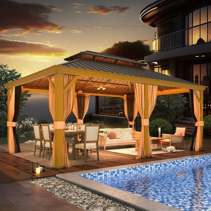 Tonnelle d'extérieur à toit rigide avec double toit en acier galvanisé et cadre en aluminium, pergola extérieure avec rideaux et filets haut de gamme