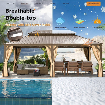 Tonnelle d'extérieur à toit rigide avec double toit en acier galvanisé et cadre en aluminium, pergola extérieure avec rideaux et filets haut de gamme