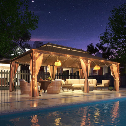 Tonnelle d'extérieur à toit rigide avec double toit en acier galvanisé et cadre en aluminium, pergola extérieure avec rideaux et filets haut de gamme