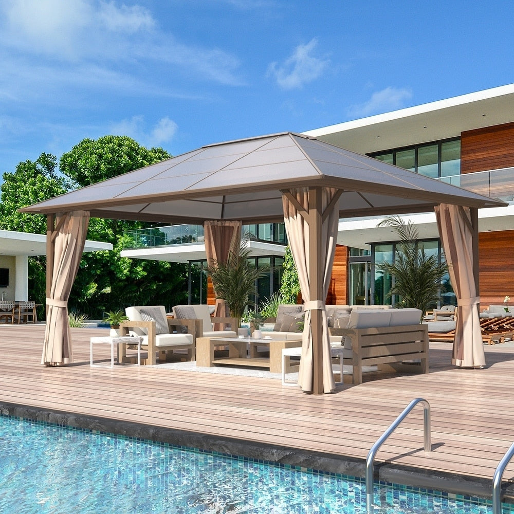 Tonnelle à toit rigide pour jardin – Pergola permanente avec filet, rideaux et double toit, abri extérieur toutes saisons