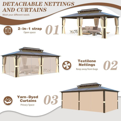Tonnelle à toit rigide pour jardin – Pergola permanente avec filet, rideaux et double toit, abri extérieur toutes saisons