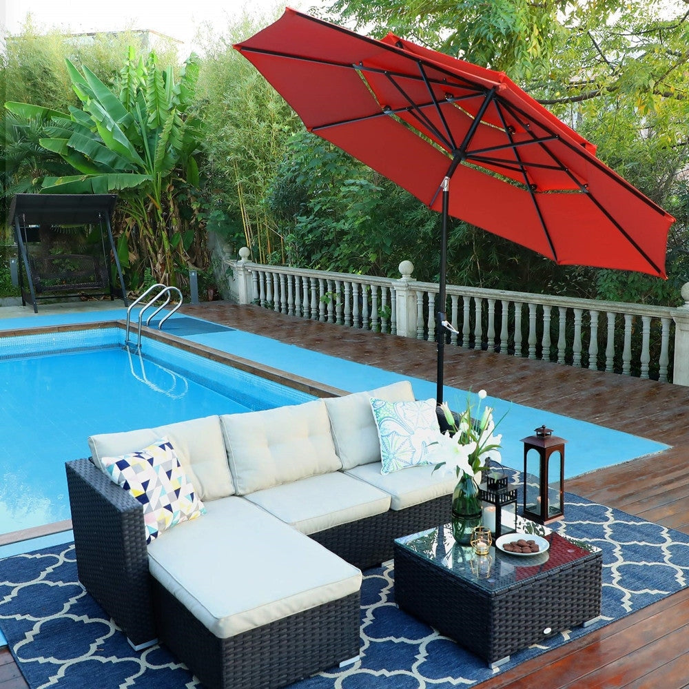 MAISON ARTS 10ft 3 Tiers Patio Outdoor Umbrella Matched with most Patio Table with Ventilation Auto-tilt and Crank Lift