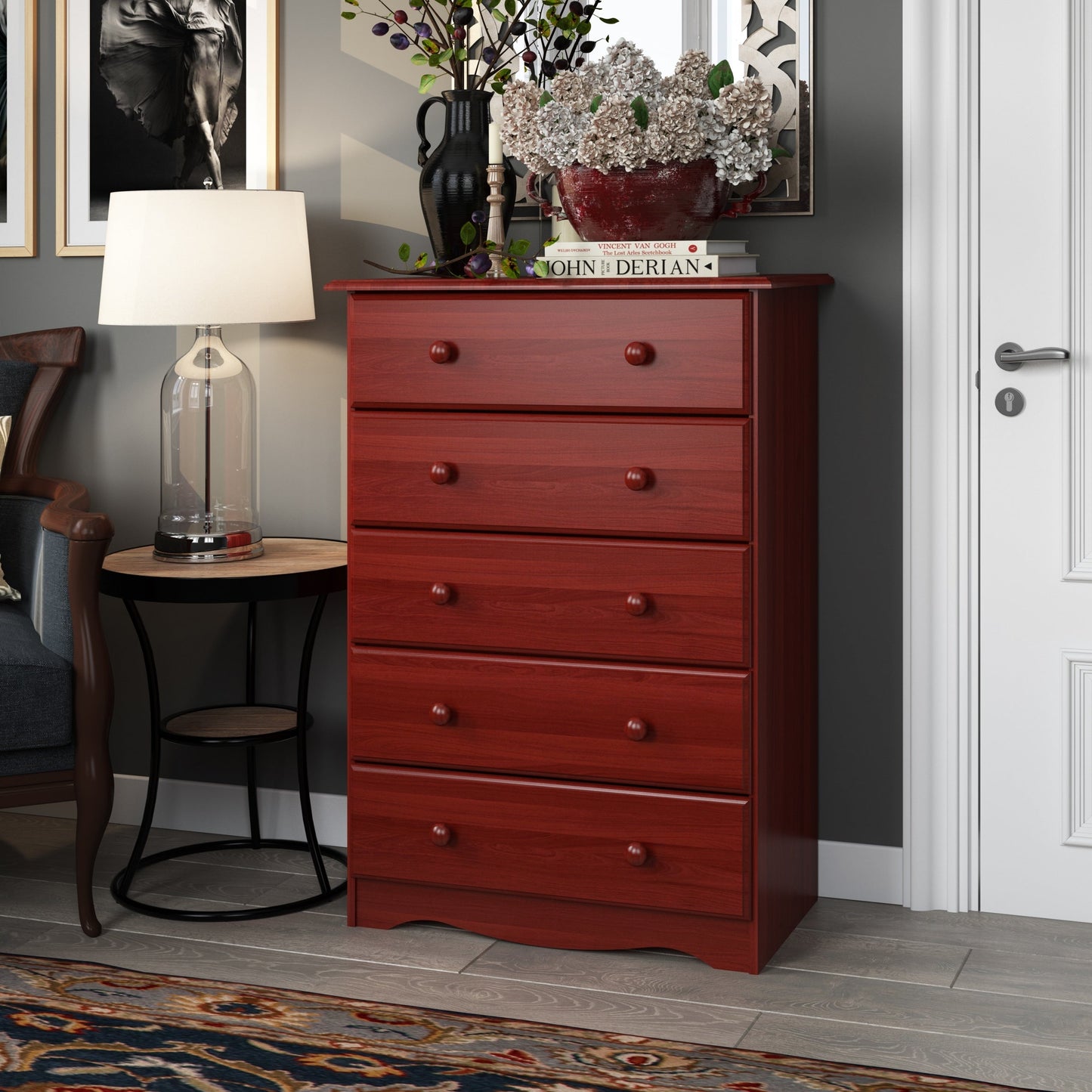 Commode 5 tiroirs 100 % bois massif avec boutons en métal ou en bois de Palace Imports