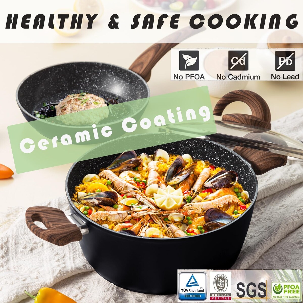 Ensemble de casseroles et poêles antiadhésives, batterie de cuisine en céramique avec motif, ustensiles de cuisine à induction avec poêles, cocotte avec couvercles