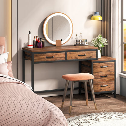 Bureau d'ordinateur réversible avec 5 tiroirs, bureau à domicile avec classeur, tiroir et support d'imprimante