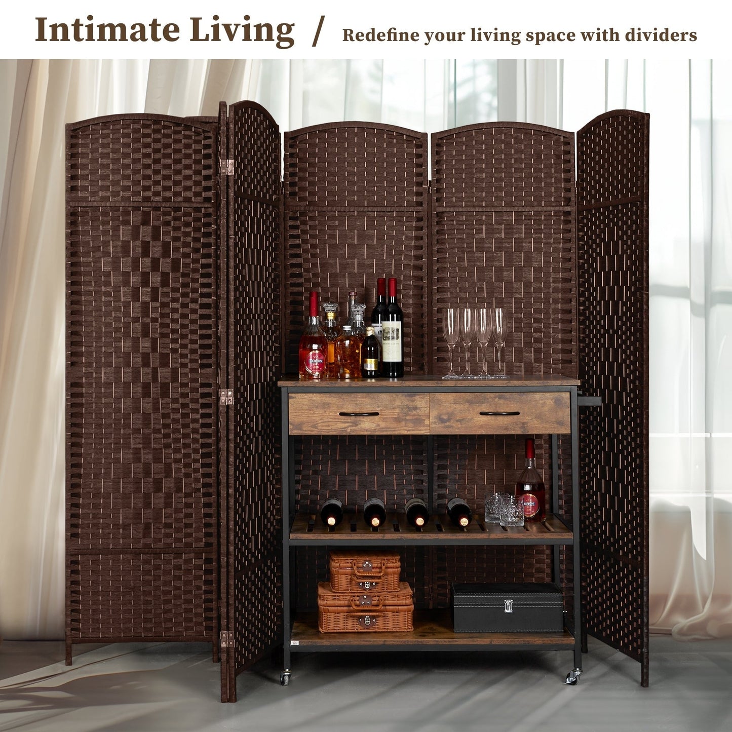 Paravent de séparation de pièce de 6 pieds de haut en fibre tissée, écran de confidentialité autoportant, écran pliant