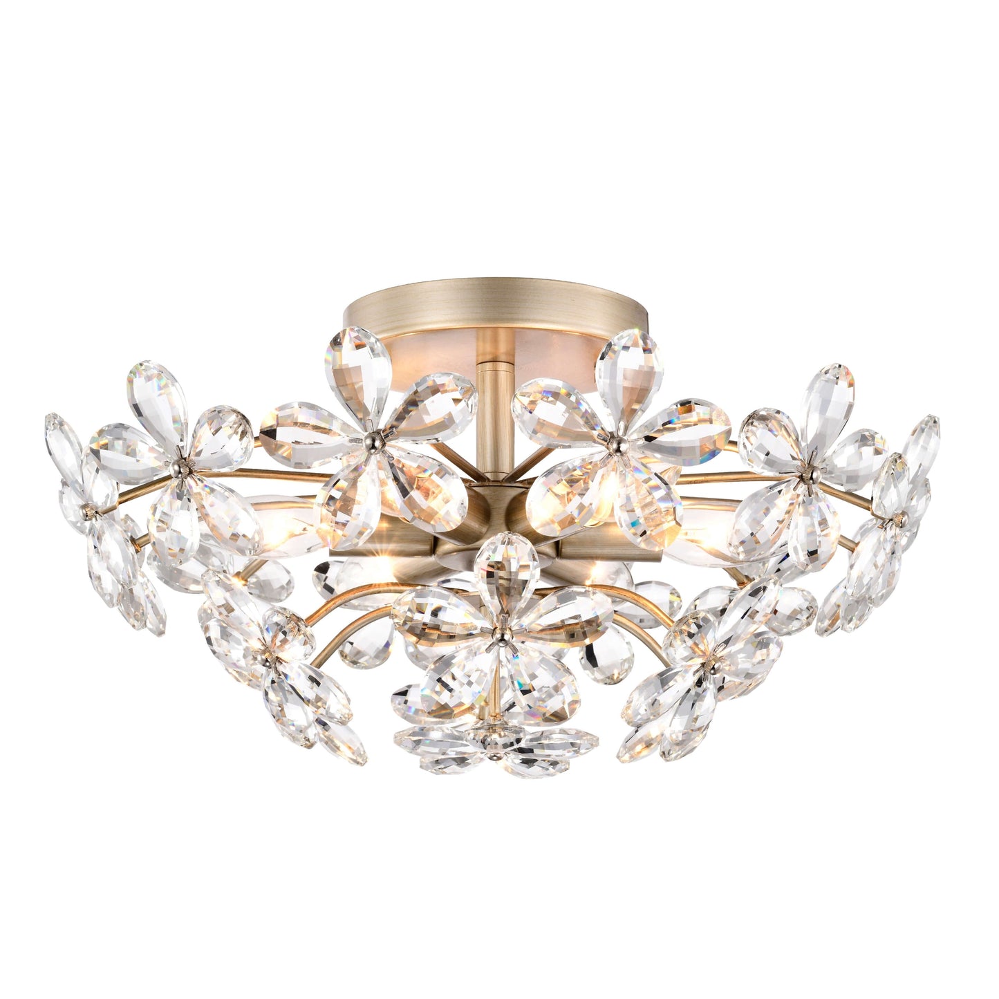 Plafonnier Rosa à 6 lumières en cristal argenté brossé, motif fleur de champagne - 45 cm de diamètre x 22 cm de hauteur