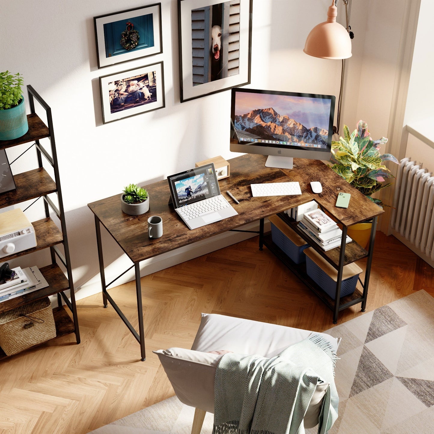 Petit bureau en L avec étagères de rangement Bureau d'ordinateur d'angle