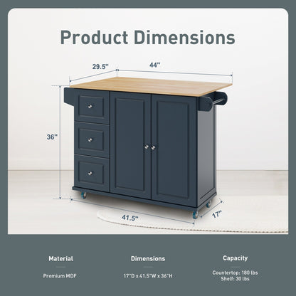 Desserte de cuisine Sophia &amp; William avec abattant et plateau en bois d'hévéa, desserte de cuisine roulante avec grand meuble de rangement