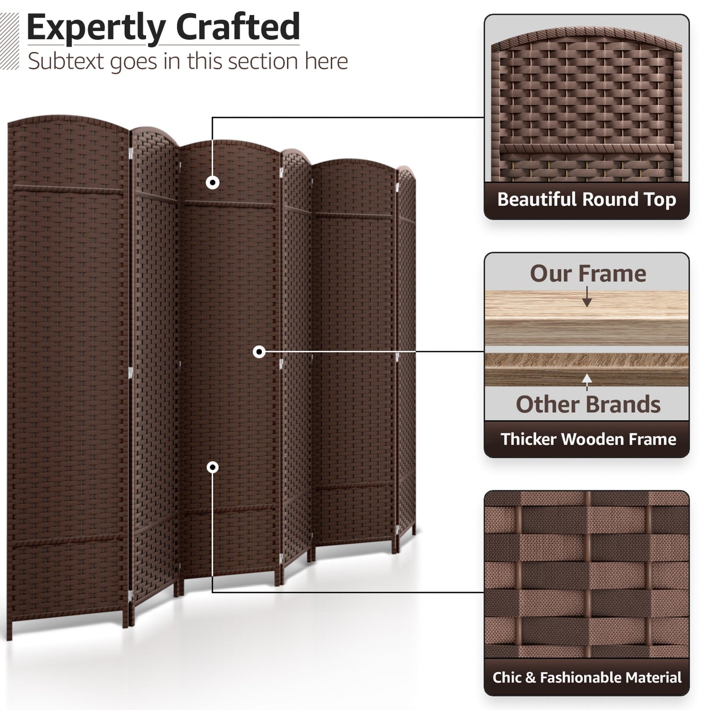 Séparateur de pièce Sorbus à 6 panneaux, cloison de séparation extra large et pliable, tissé à la main, à double charnière, en maille - 1,8 m