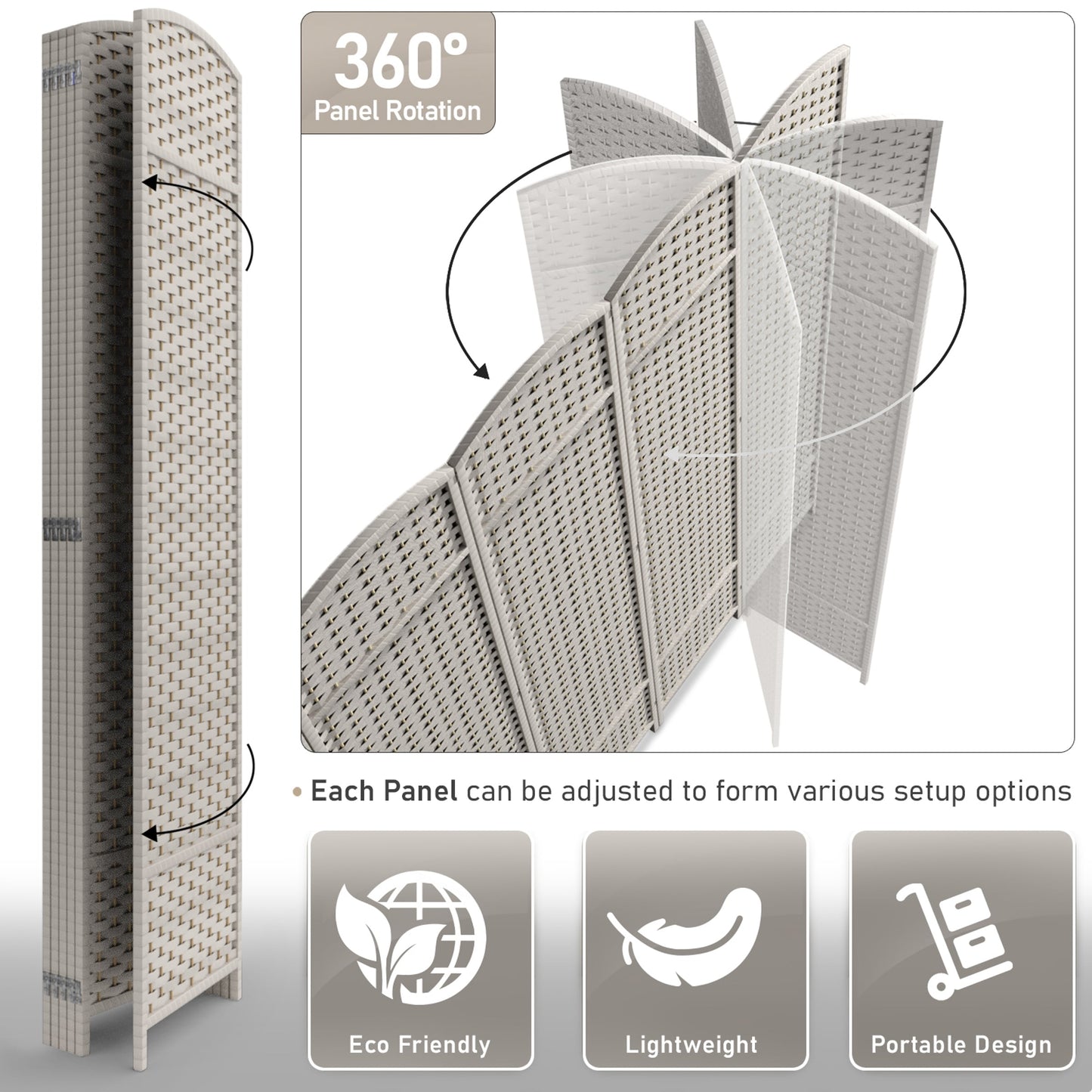Séparateur de pièce Sorbus à 6 panneaux, cloison de séparation extra large et pliable, tissé à la main, à double charnière, en maille - 1,8 m