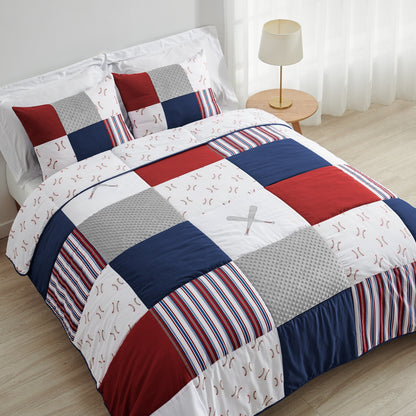 Ensemble de couette 3 pièces pour garçon, collection Sports, motif de baseball rouge, blanc et bleu, taille double/queen