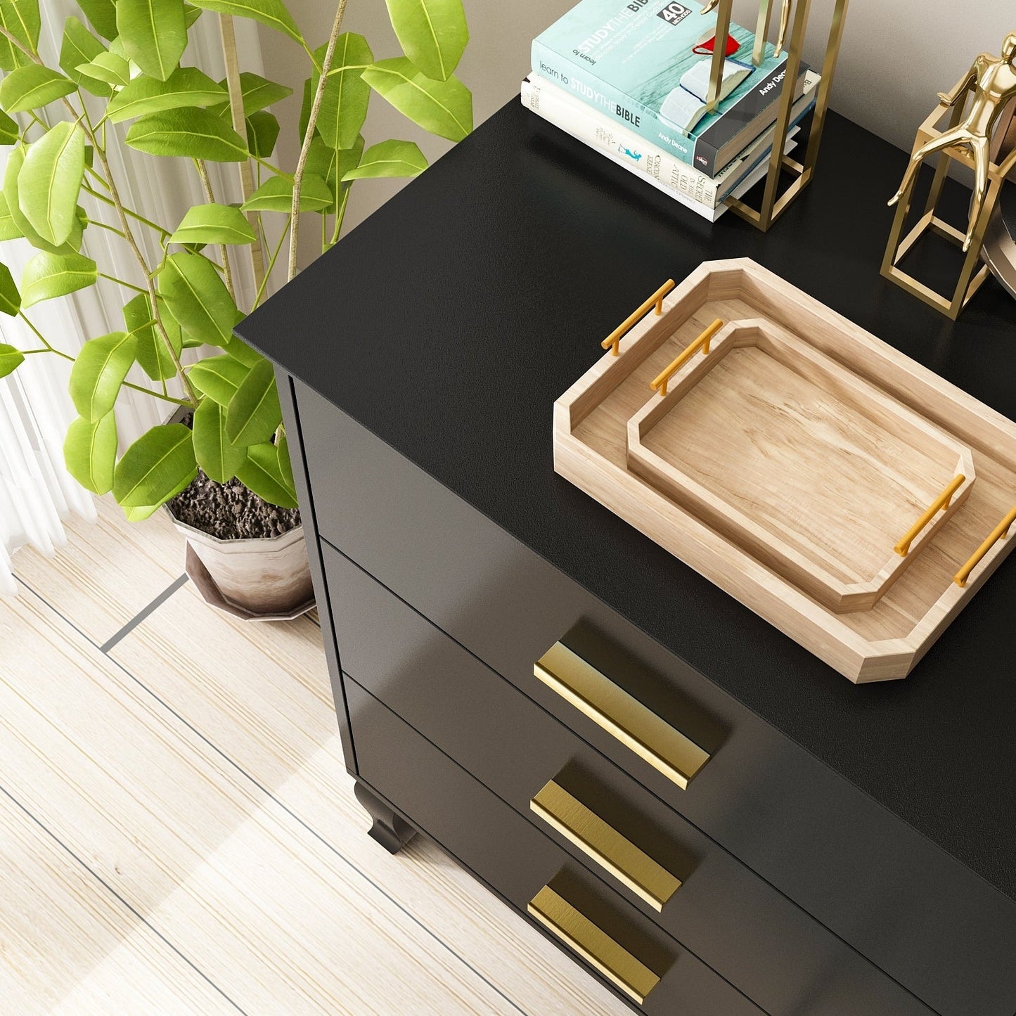 Commode double Timechee à 6 tiroirs, 47,2 po de largeur, pieds en bois massif, coffre laqué