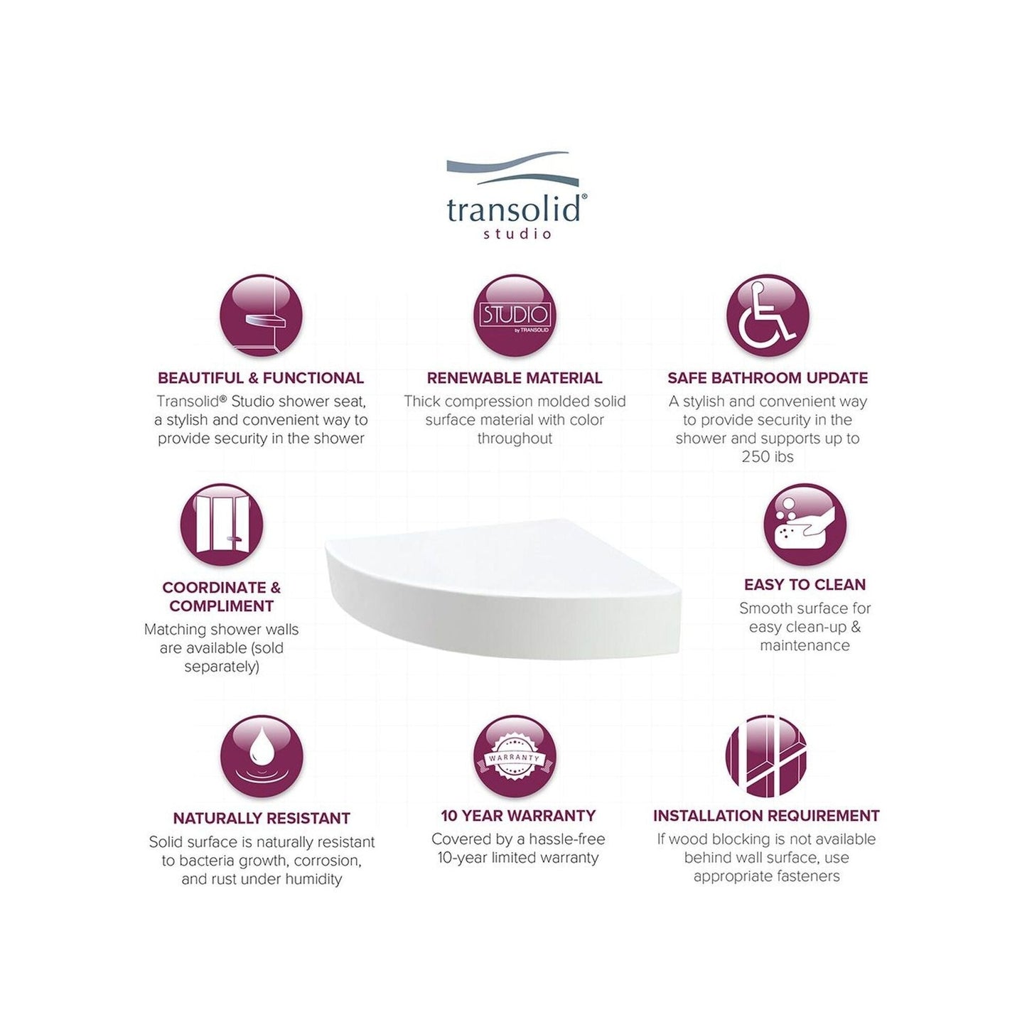 Siège de douche d'angle mural en surface solide Transolid Studio 14 po x 14 po - 14,5 x 14,25 x 3