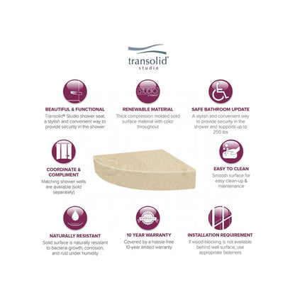 Siège de douche d'angle mural en surface solide Transolid Studio 14 po x 14 po - 14,5 x 14,25 x 3