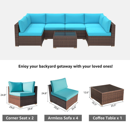 Ensemble de canapés d'extérieur sectionnels rembourrés en osier et acier, 7 pièces