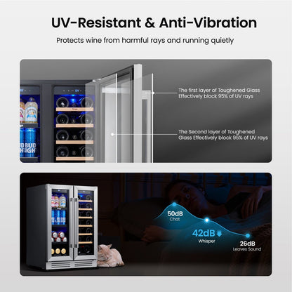 Réfrigérateur à vin/boissons 24 pouces, réfrigérateur double zone pour 20 bouteilles/60 canettes - 24 pouces