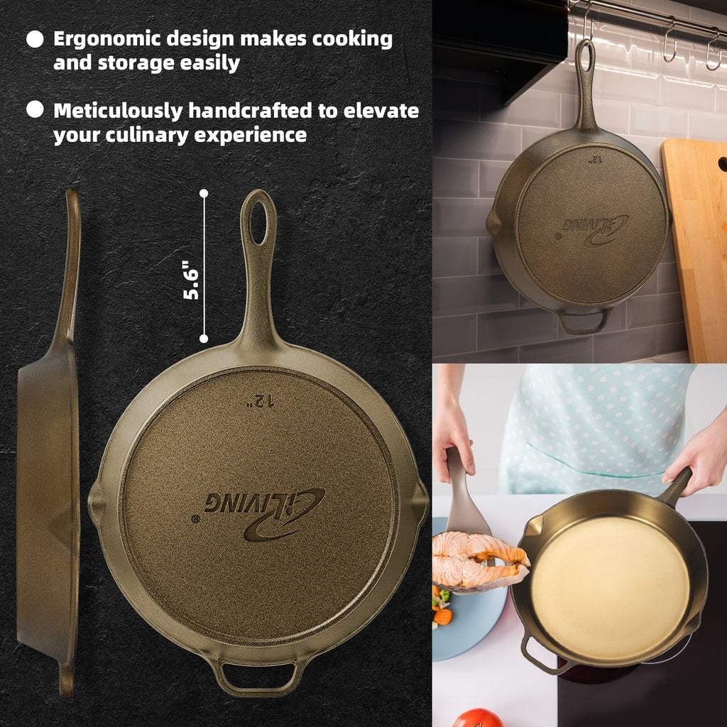 iLiving Seasoned Modern Heirloom Mirror Polished Cast Iron Skillet Pan 12 (2.7/3.7L)